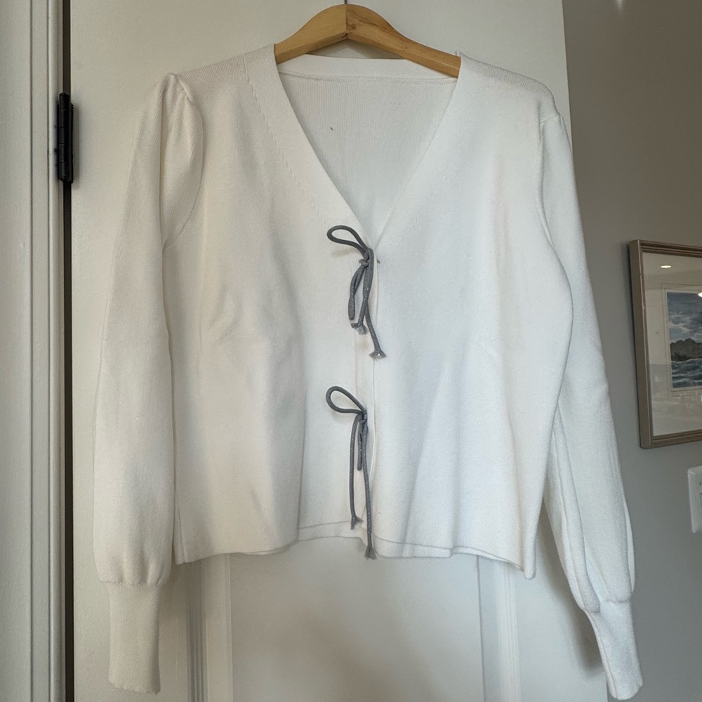 Elegant White Cardigan with Gray Accents